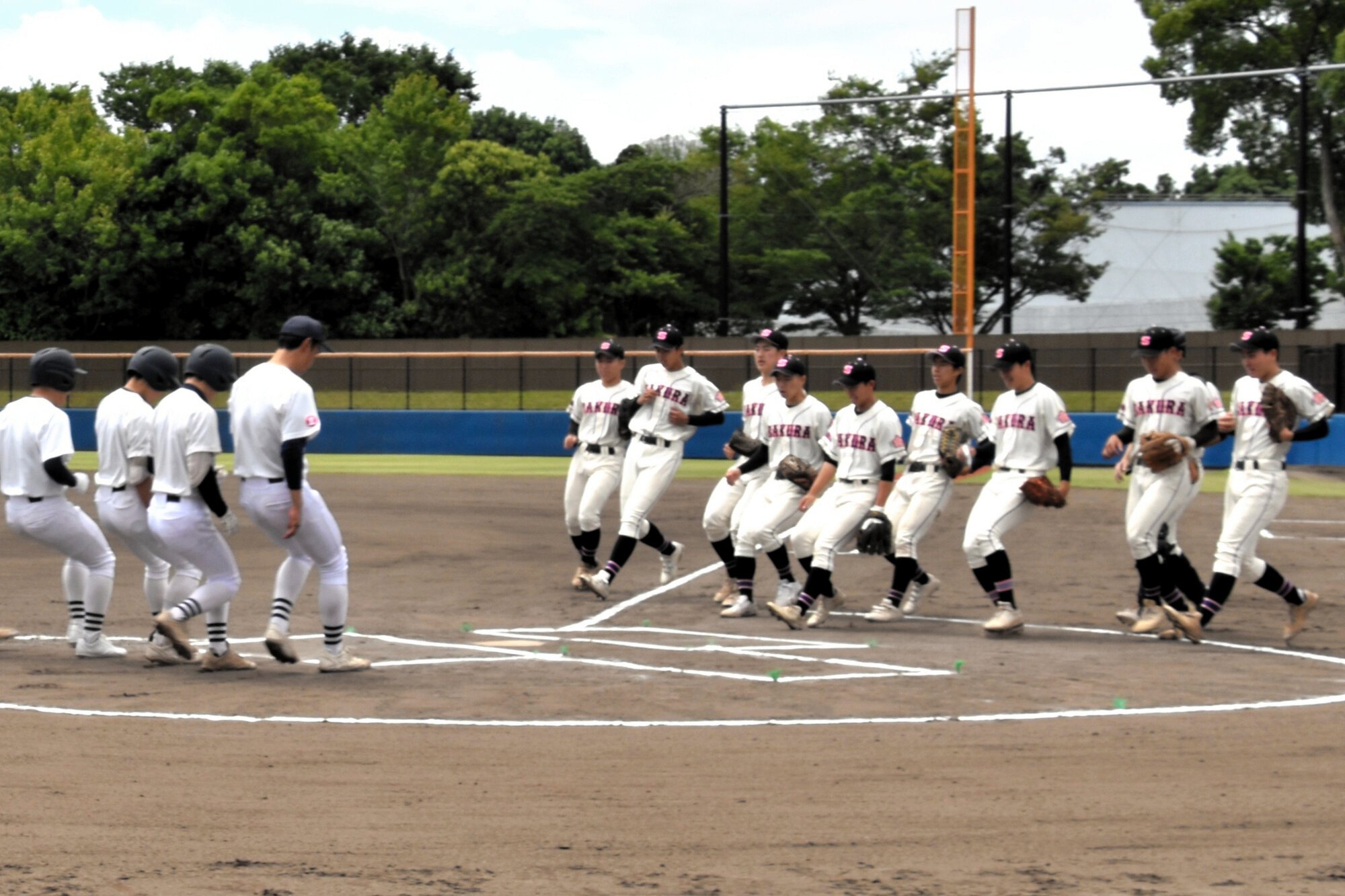 試合開始で整列する佐倉高(右側)と熊谷高の選手たち=2026年6月6日午前10時1分、千葉県佐倉市岩名、中野渉撮影