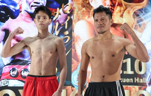 前日計量をクリアしポーズをとる坂井優太(左)とフローイラン･サルダール(撮影･野上伸悟)＝2026年6月9日