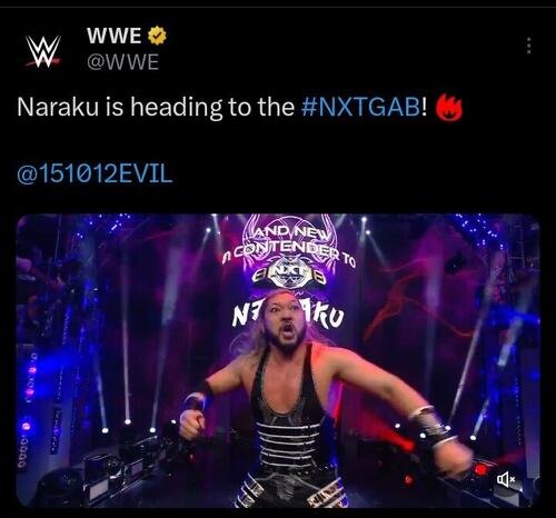 NXT王座挑戦者決定戦を制した旧EVELことNARAKUは花道で気合(WWE公式Xから)