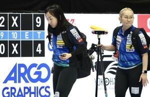 日本カーリング選手権大会　横浜2026　女子1次予選リーグ　中部電力に敗れ、浮かない表情で引き揚げるロコ･ソラーレの藤沢五月(左)と小穴桃里(撮影･河田真司)