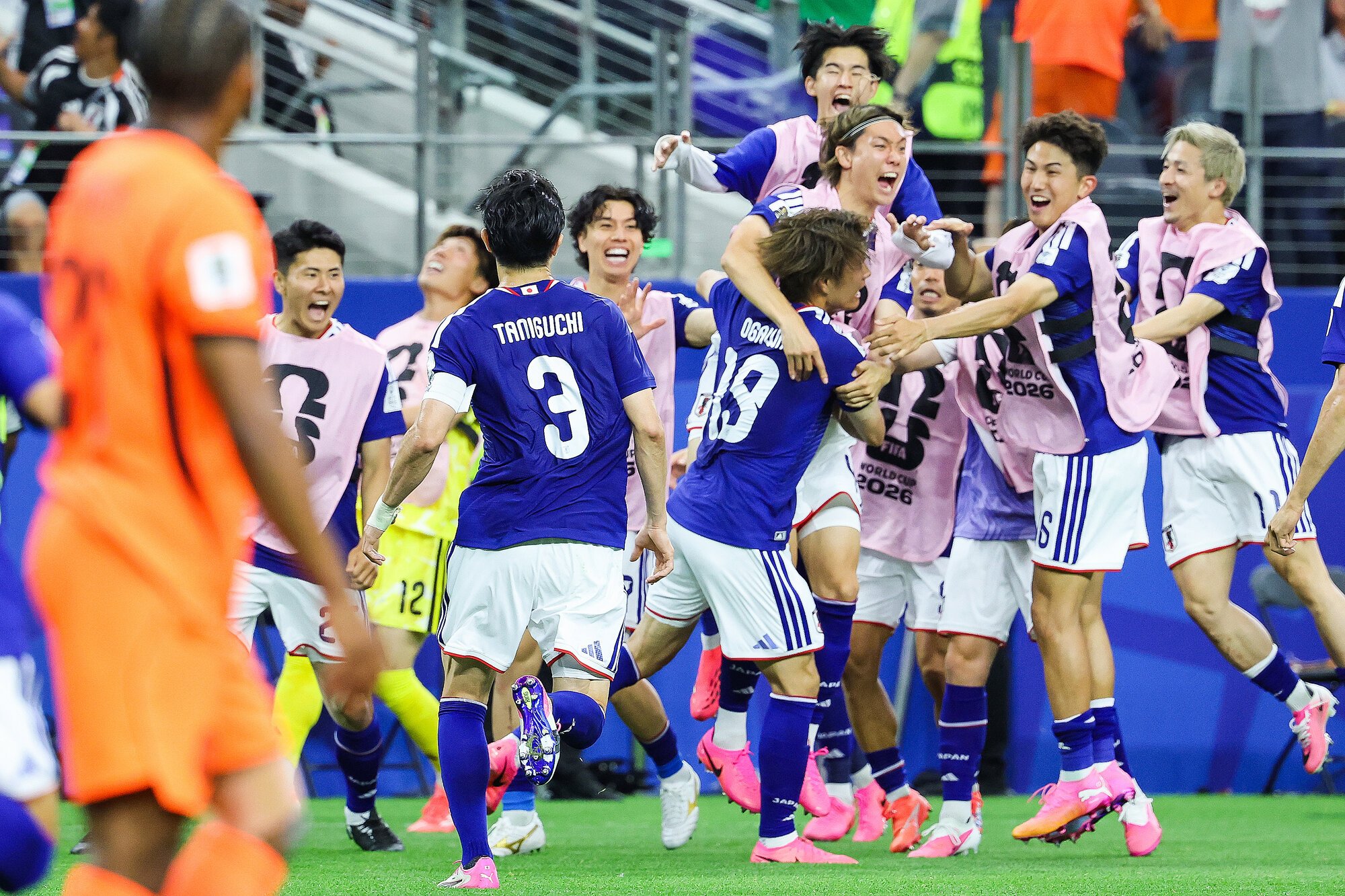 サッカーワールドカップ北中米大会　グループF　オランダ―日本　後半、同点ゴールにつながるシュートを放った小川航基⑲はベンチ前に駆け寄って喜ぶ＝内田光撮影