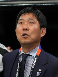 日本対オランダ　試合前、君が代斉唱で涙を流す森保一監督(撮影･足立雅史)