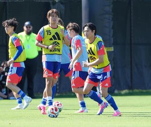 W杯北中米大会ベースキャンプ　調整する小川航基(左)と町野修斗(撮影･足立雅史)
