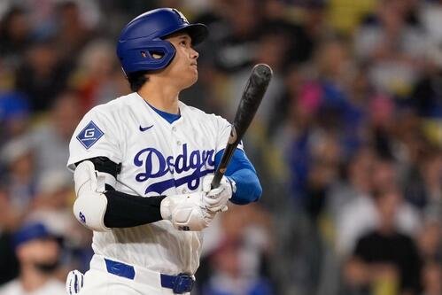 レイズ戦6回、15号ソロを放つドジャース大谷翔平(AP)