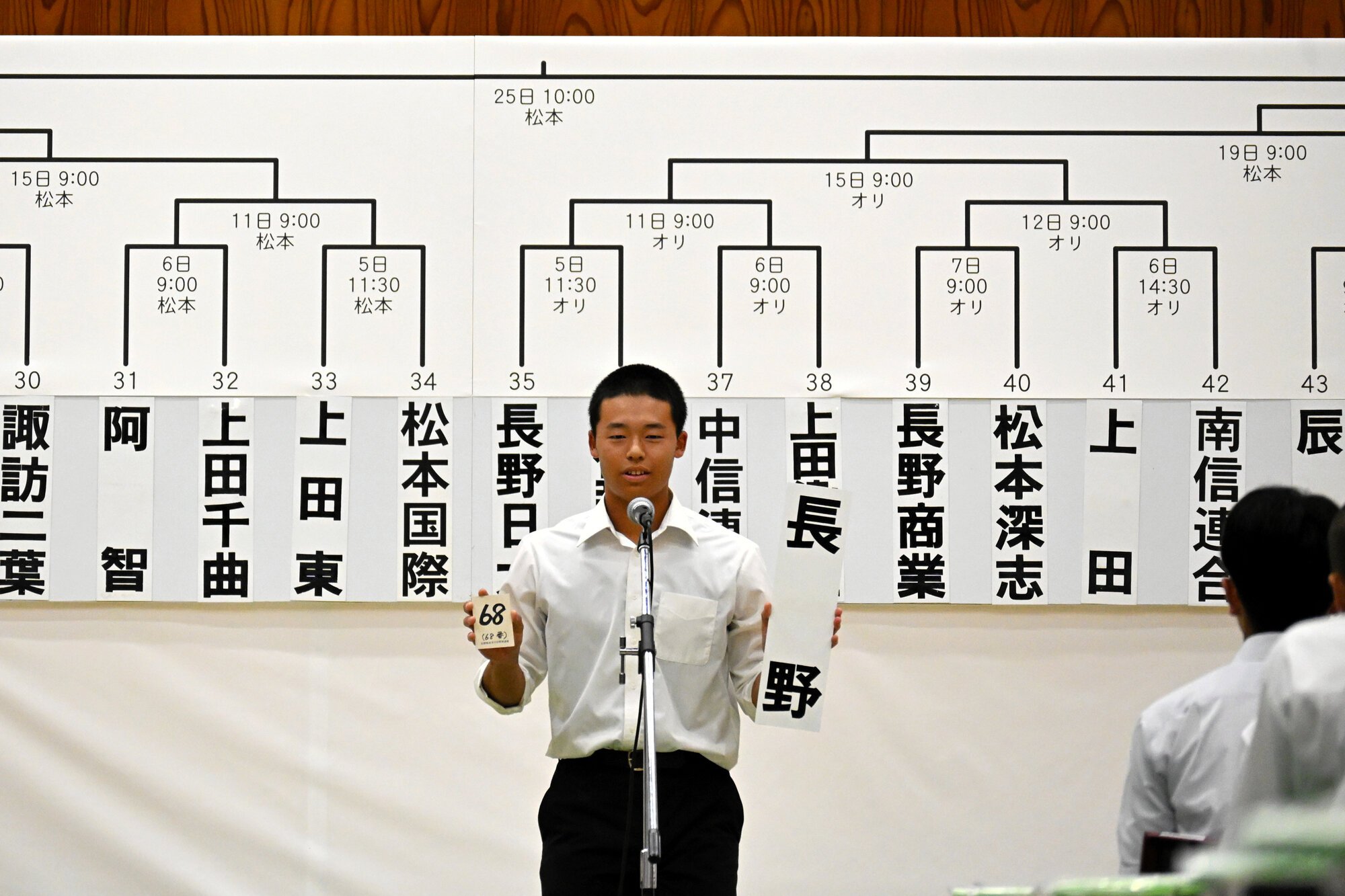 抽選会では69チームの主将が組み合わせ札を引いた=2026年6月20日、長野県塩尻市、塩原賢撮影