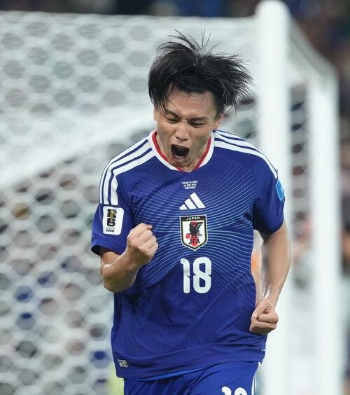 日本対チュニジア　後半、自身2点目のゴールを決め雄たけびを上げる上田綺世(撮影･足立雅史)