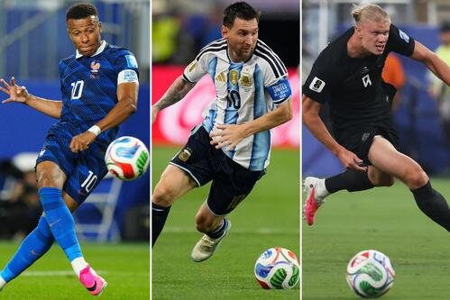 2点を決めたスーパーストライカーたち。左からフランスのエムバペ、アルゼンチンのメッシ、ノルウェーのハーランド(AP)
