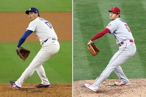大谷翔平の今季の投球フォーム(左)。股関節などの曲がりが深く、重心が以前よりも低くなっている。右はエンゼルスに所属していた2022年