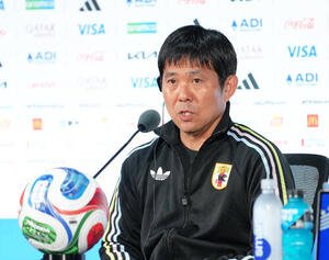 前日公式会見に臨む森保一監督(撮影･足立雅史)