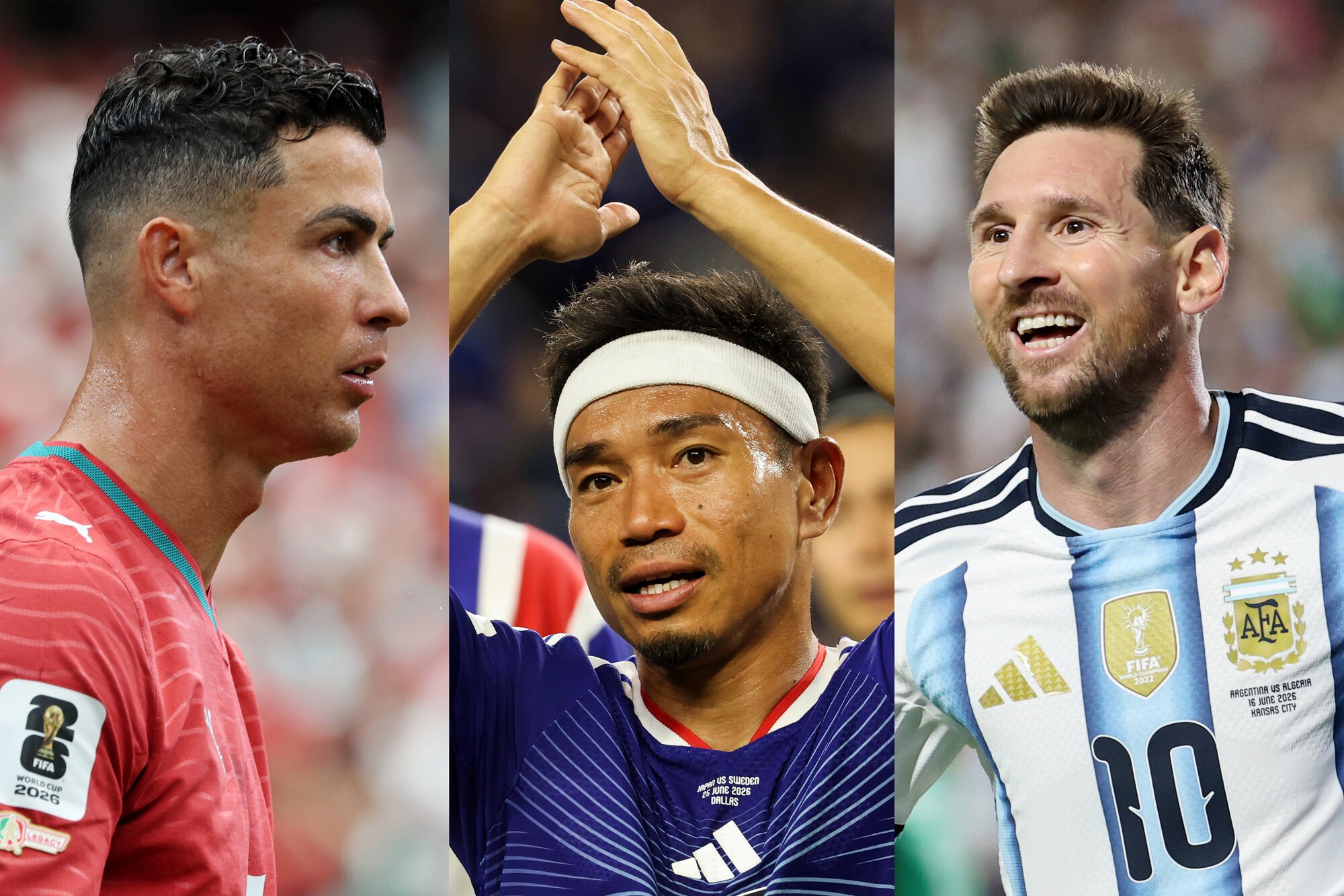 サッカーワールドカップに5大会以上出場している(左から)クリスティアノ･ロナルド、長友佑都、リオネル･メッシ=内田光撮影