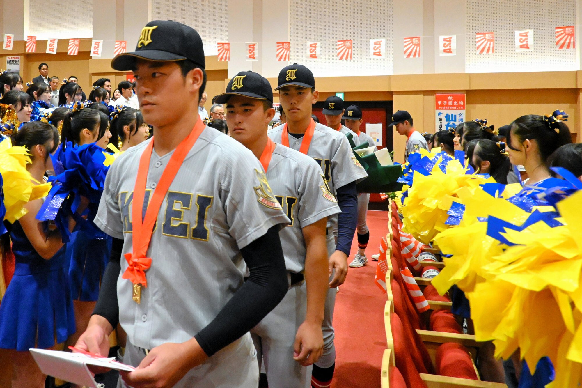 壮行会に出席した仙台育英の選手たち=2026年7月29日、仙台市宮城野区、三村悠撮影