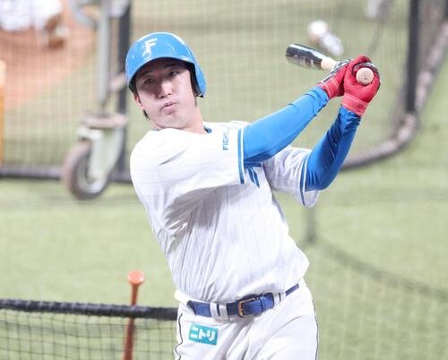 ティー打撃する日本ハム有薗直輝(撮影･黒川智章)
