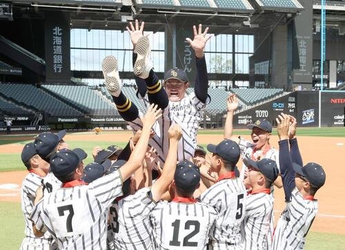 優勝し胴上げされる白樺学園の亀田直紀監督(2026年7月撮影)