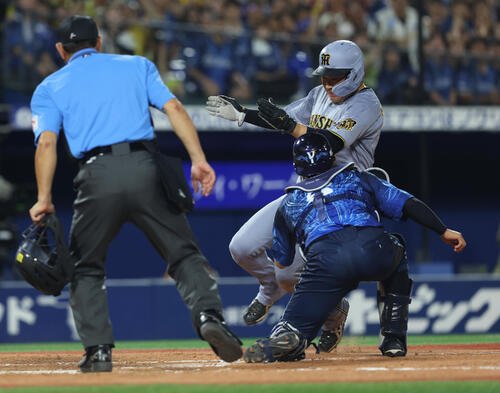 DeNA対阪神　7回表阪神1死一、二塁、元山飛遊の打球から生還を試みるも走塁死に倒れる大山悠輔(撮影･河田真司)