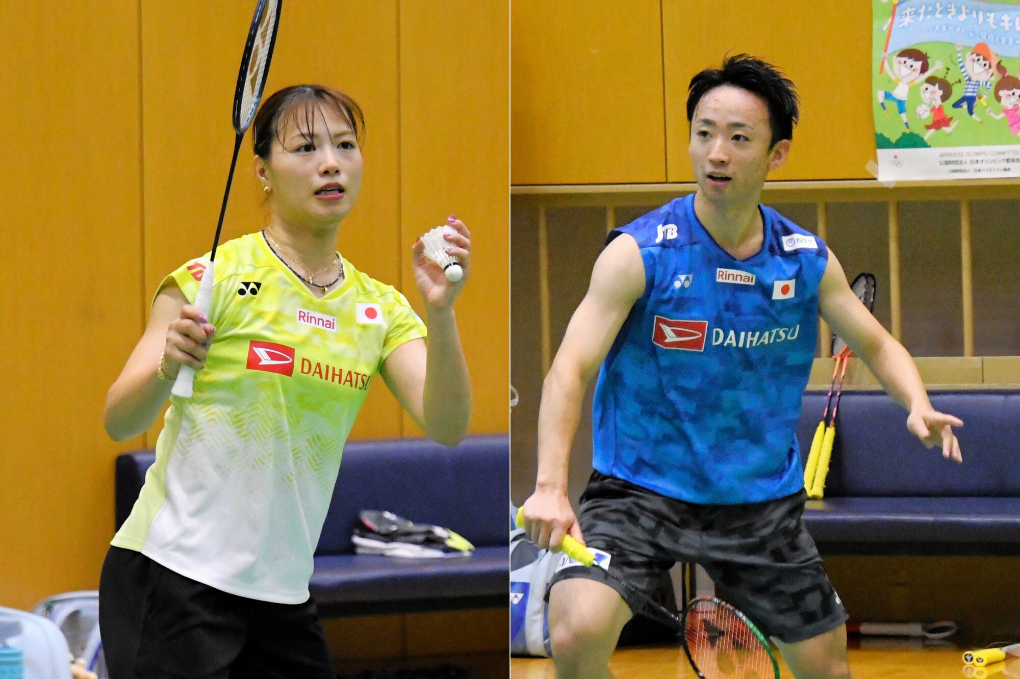 バドミントン日本代表の福島由紀(左)と田中湧士=東京都北区