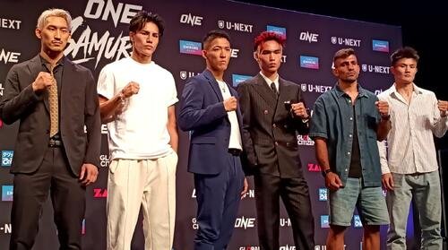 フェザー級トーナメントに出場する(左から)都木航佑、海人、野杁正明、リウ･メンヤン、モハメド･シアサラニ、ルオ･チャオ