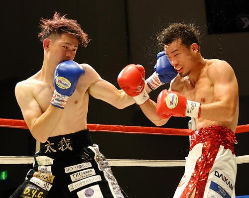 4回、富永太我(左)は辰吉寿以輝にパンチを見舞う(撮影･上田博志)