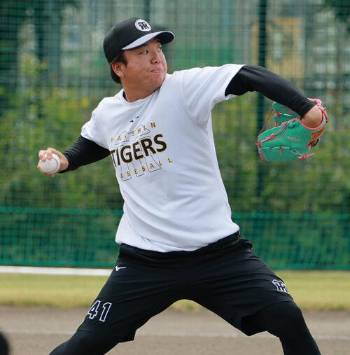 投手指名練習でキャッチボールする阪神村上頌樹(撮影･上山淳一)