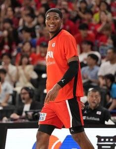 日本対韓国　韓国に勝利し笑顔を見せる八村塁(撮影･小島史椰)