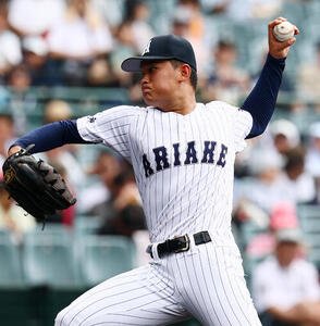 有明対東日本国際大昌平　東日本国際大昌平戦に先発する有明の斉藤遼汰郎(撮影･加藤哉)