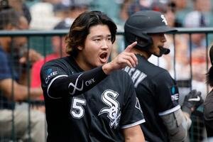 プレーを指差して叫ぶホワイトソックス村上宗隆(AP)