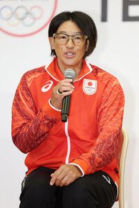 ｢アジア大会TEAM JAPAN MEDIA SUMMIT｣に登壇した上野由岐子(撮影･宮地輝)