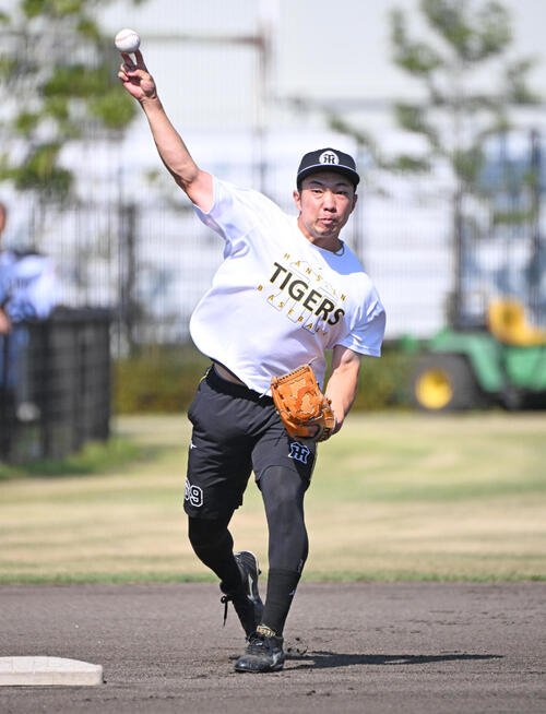 キャッチボールをする阪神石井大智(撮影･石井愛子)