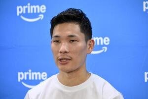世界戦が決まり会見に臨む松本流星(撮影･滝沢徹郎)
