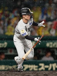 阪神対巨人　4回裏阪神2死一、二塁、先制の左前適時打を放つ坂本誠志郎(撮影･前田充)