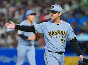 ヤクルト対阪神　8回裏ヤクルトの攻撃を無失点に抑えナインとタッチを交わす阪神木下里都(撮影･垰建太)
