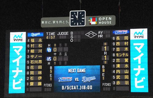 10回雨天コールド、4時間57分のゲームとなったヤクルト対中日戦(撮影･たえ見朱実)