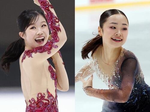 木下グループ杯で女子SP首位の中井亜美(左)と島田麻央