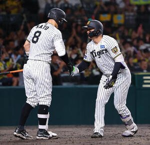 阪神対広島　9回裏阪神1死、ソロ本塁打を放った森下翔太(右)は佐藤輝明と喜び合う(撮影･上田博志)