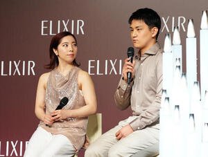 ｢“りくりゅう”エリクシール　ブランドミッションムービー発表会｣に登壇した三浦璃来さん(左)と木原龍一さん(撮影･鈴木みどり)