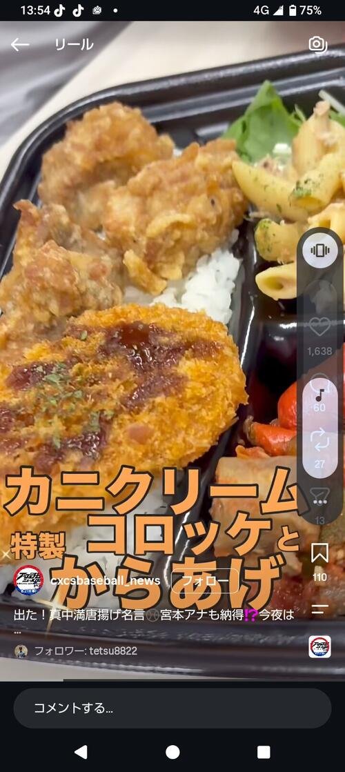 真中満氏が食べたカニクリームコロッケと特製唐揚げ弁当(｢CSプロ野球ニュース｣インスタグラムより)