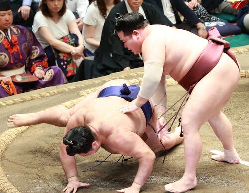 狼雅(左)を突き落としで破る錦富士(撮影･中島郁夫)