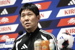 ベネズエラ戦の前日会見に臨む森保一監督(撮影･前田充)
