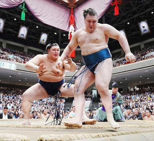 大の里は安青錦(右)を突き出しで下し幕内優勝を飾る(撮影･小沢裕)