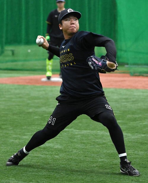 キャッチボールをする阪神村上頌樹(撮影･石井愛子)