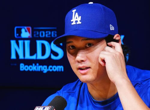 前日会見に臨むドジャース大谷翔平(撮影･垰建太)