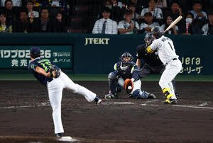 阪神対ヤクルト　4回裏阪神1死、四球を選ぶ森下翔太。投手中村優斗(撮影･加藤哉)