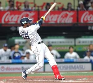 西武対日本ハム　10回裏西武1死、サヨナラ本塁打を放つカナリオ(撮影･黒川智章)