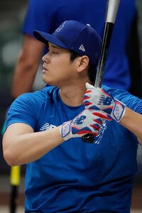 ナ･リーグ優勝決定シリーズを前日に控え、打撃練習をする大谷翔平(AP)