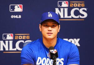 前日会見を行うドジャース大谷翔平(撮影･垰建太)
