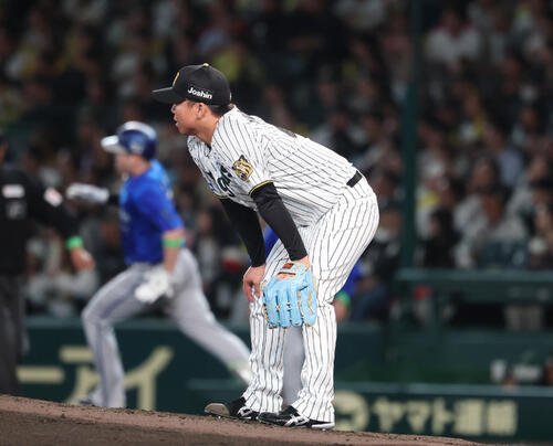 阪神対DeNA 6回表DeNA2死、佐野恵太に本塁打を浴びる村上頌樹(撮影･増田悦実)
