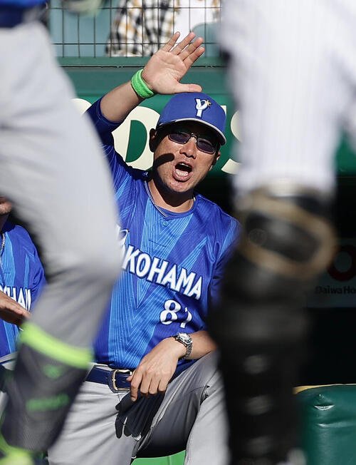 阪神対DeNA 4回表DeNA2死一塁、勝ち越し2点本塁打を放った成瀬脩人を迎える相川亮二監督(撮影･前田充)