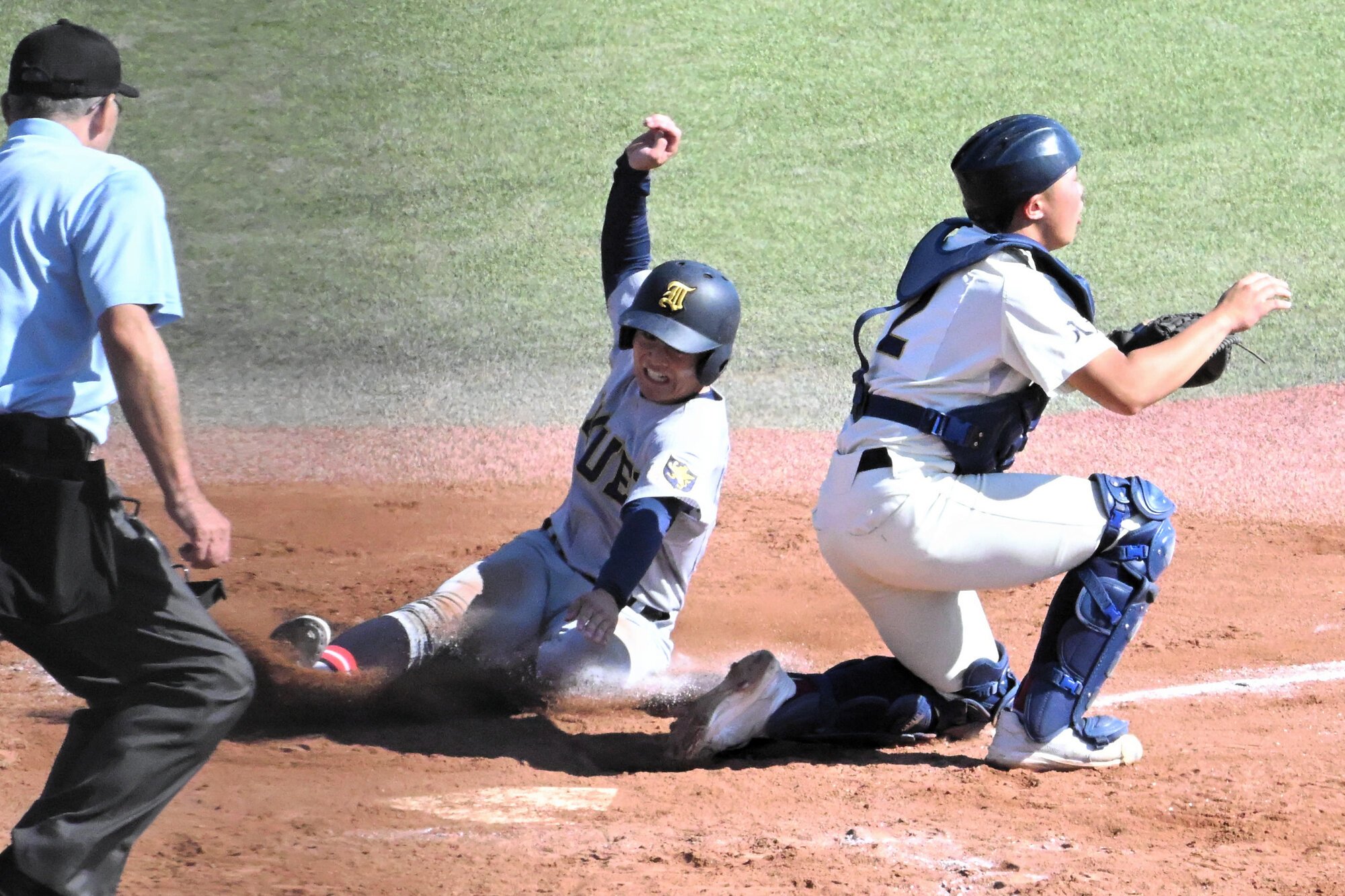 八戸学院光星―仙台育英　八回、仙台育英は小久保の中前適時打で、菊池が本塁に生還=2026年10月17日、石巻市民、川上航希撮影