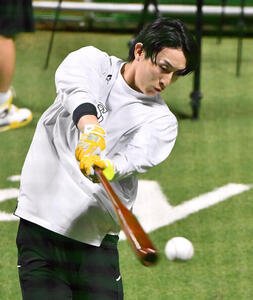 打撃練習を行うソフトバンク周東佑京(撮影･岩下翔太)