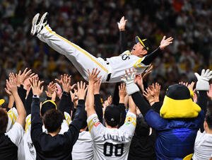 ソフトバンク対DeNA　日本一を決め、ナインから胴上げされるソフトバンク小久保裕紀監督(撮影･岩下翔太)