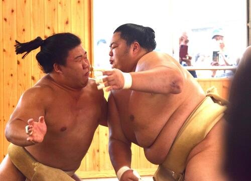 藤ノ川(左)と申し合い稽古をする琴桜
